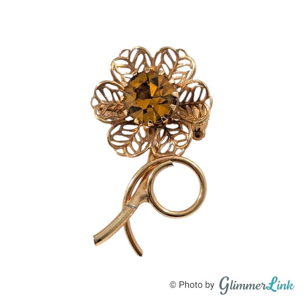 Vintage Filigree Petal Flower Orange Rhinestone Gold Tone Brooch